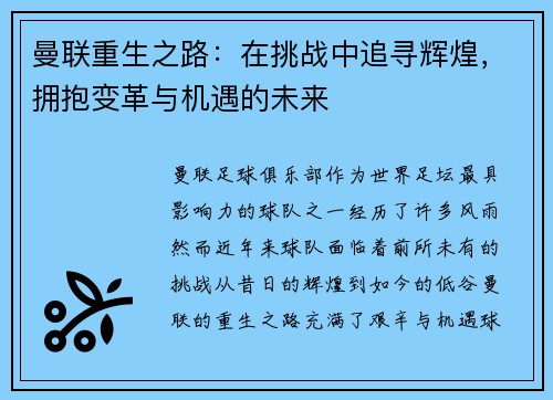 曼联重生之路：在挑战中追寻辉煌，拥抱变革与机遇的未来